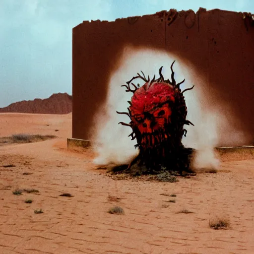 Image similar to in the desert a bloody horrifying The Thing monster , mid day, 35mm photography, realistic,