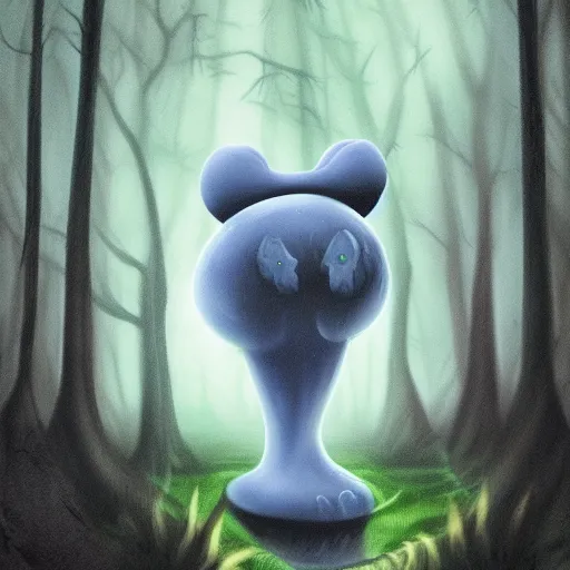 Image similar to Cuddly slime creature wandering a dark deep forest, Airbrush Style, Foggy, Moody, Horror