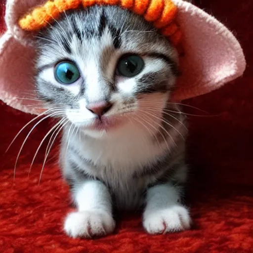 Image similar to kitten photo, wearing wool hat, tongue mlem!, cat ears