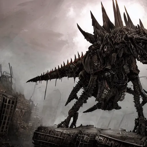 Image similar to high quality art of a giant mechanized dragon in an apocalyptic future, made of plates and armor, consisting of 4 limbs, climbing over a destroyed building in a hazy radioactive atmosphere, roaring with an epic pose into the air as the building crumbles under the weight. furaffinity, deviantart, artstation, high quality