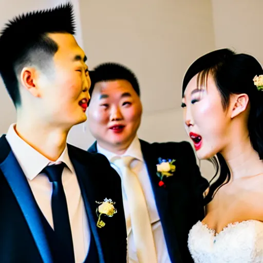 Image similar to cookie monster marrying justin sun, professional wedding photography