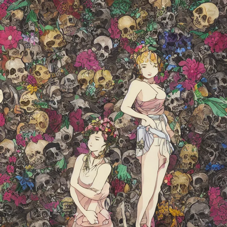 Prompt: young goddess peering from behind an enormous conical pile of skulls with flowers behind her, lush painting in the style of studio ghibli