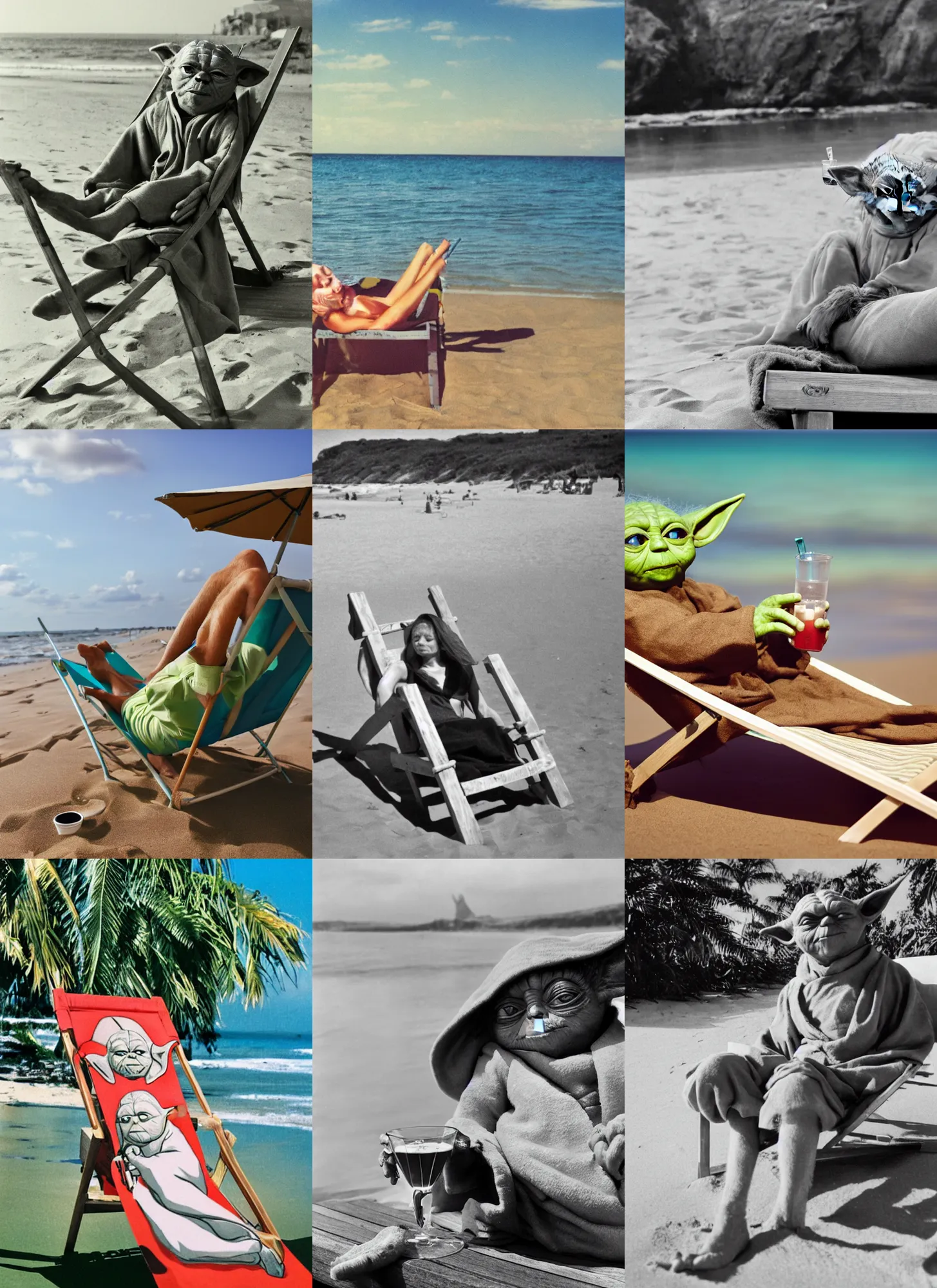 Prompt: a photograhpy of yoda lying on a deck chair on the beach and drinking his drink