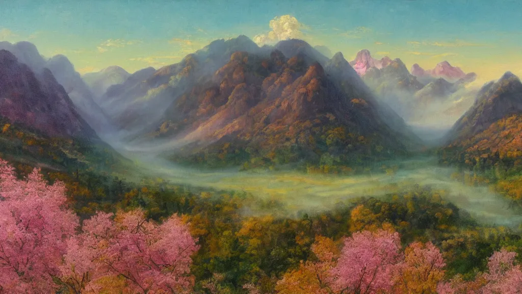 Image similar to The most beautiful panoramic landscape, oil painting, where a giant dreamy waterfall creates a river, it is winding its way through the valley and the trees are starting to bloom in pink colors, the mountains are towering over the valley below their peaks shrouded in mist, the sun is just peeking over the horizon producing an awesome flare and the sky is ablaze with warm colors and stratus clouds, by Greg Rutkowski, aerial view