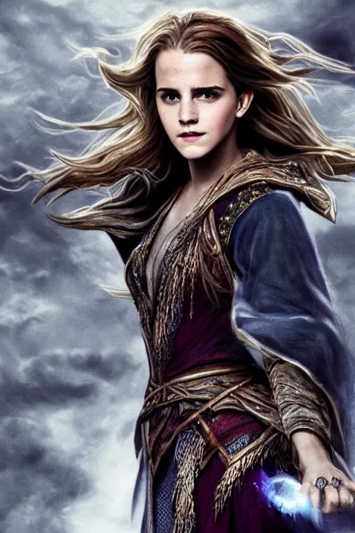 Image similar to beautiful portrait of emma watson as a fantasy dungeons and dragons sorceress wearing arcane magical robes