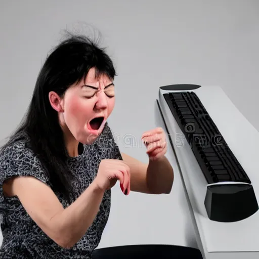 Image similar to A woman smashing a keyboard, angry, stock photo