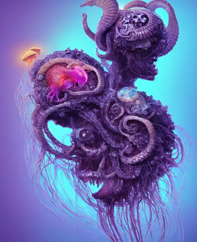 Image similar to goddess close-up portrait ram skull. jellyfish phoenix head, nautilus, orchid, skull, betta fish, bioluminiscent creatures, intricate artwork by Tooth Wu and wlop and beeple. octane render, trending on artstation, greg rutkowski very coherent symmetrical artwork. cinematic, hyper realism, high detail, octane render, 8k