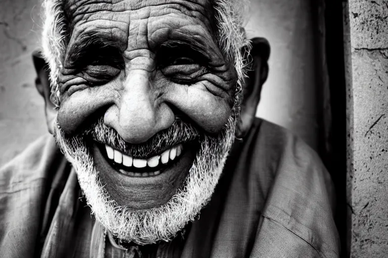 Image similar to still photo of an arab old man smiling at the camera on the street, black and white color aesthetic, highly detailed, photorealistic portrait, bright studio setting, studio lighting, crisp quality and light reflections, unreal engine 5 quality render