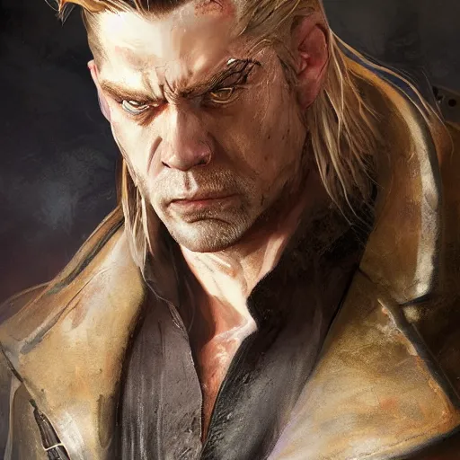 Prompt: portrait of a muscular, grim, ponytail haired blonde man in his late 30's, wearing a thick brown leather coat, looking to his side, scarred face, blue eyes, hunter, DnD character, fantasy character, dramatic lighting, digital art by Ruan Jia, Krenz Cushart, Rossdraws and Boris Vallejo