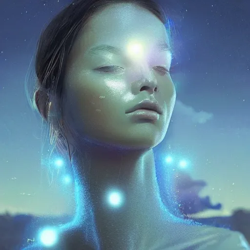 Prompt: sci - fi, close - up, 3 d, moon rays, night, thoughtful fashion model face, cinematic, clouds, sun rays, vogue cover style, poster art, blue mood, realistic painting, intricate oil painting, high detail illustration, figurative art, multiple exposure, 3 d, by tooth wu and wlop and beeple and greg rutkowski