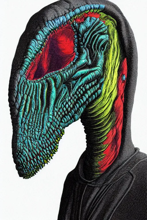 Prompt: a vibrant ultraclear sideview waist up portrait of mysterious tyrannosaurus wearing black cape hoodie by rene magritte and laurie greasley, etching by gustave dore, colorful flat surreal, ethereal, intricate, sharp focus, illustration, highly detailed, digital painting, concept art, masterpiece