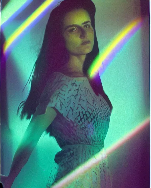 Prompt: solar lens flare, crystal refractions, muted rainbow light, sharp lines, thick black ink, 9 0 s film, woman's face
