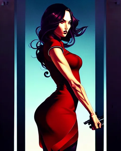 Image similar to artgerm, joshua middleton comic cover art, full body pretty megan fox holding a shotgun, red dress, symmetrical eyes, symmetrical face, long curly black hair, dark city background, cinematic lighting