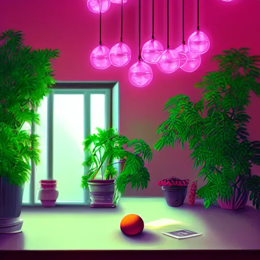 Image similar to glowing pink neon spheres, on a table with plants, vignette, digital art by Thomas Cole and John Harris, trending on artstation