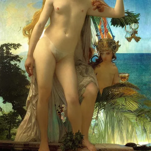 Image similar to The queen's throne, refracted sparkles, thunderstorm, greek pool, beach and Tropical vegetation on the background major arcana sky, by paul delaroche, alphonse mucha and arnold böcklin, hyperrealistic symmetrical 8k, award-winning, very very very detailed