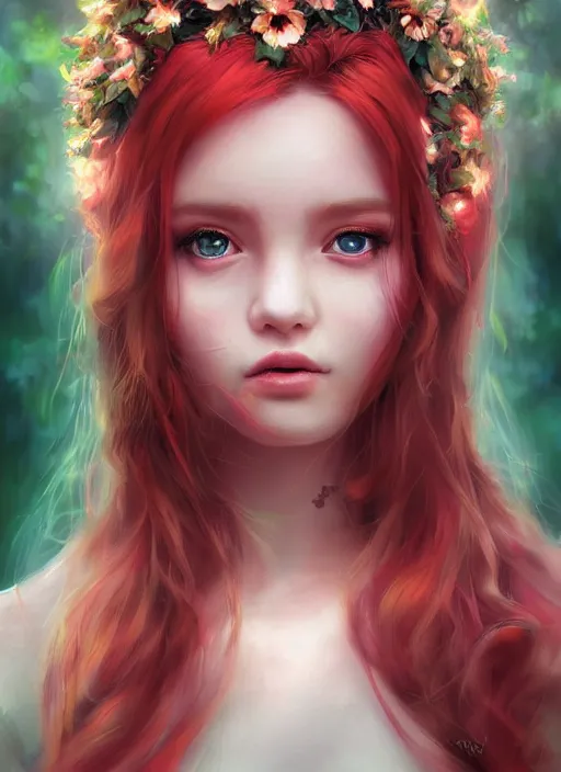 Image similar to a gorgeous flower princess portrait by WLOP, big emerald eyes, red hair, digital painting, beautiful lighting, mystical, detailed flowers, cgsociety