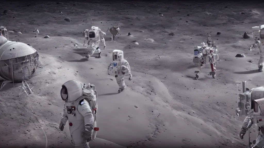 Image similar to disney world on the moon, photorealistic, 8 k, extreme detail, rendered in octane, rendered in arnold, rendered in vray, created in unreal engine 5, crowds of people in space suits