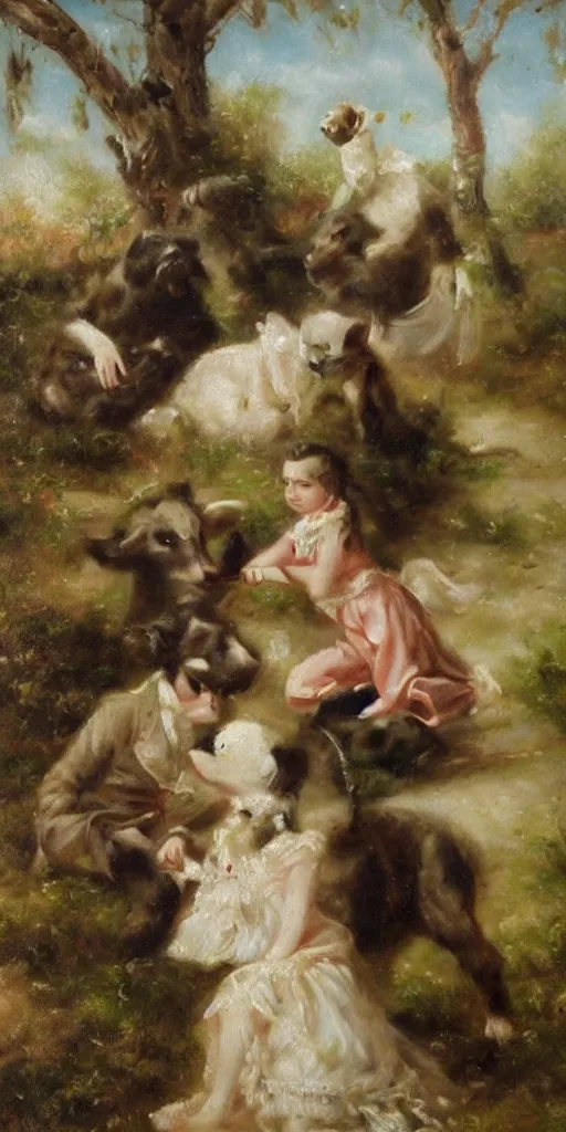 Image similar to Highly detailed and cinematic romantic period oil painting of some very cute plastic animals in pastel colors masterpiece by Josep Tapiró Baró