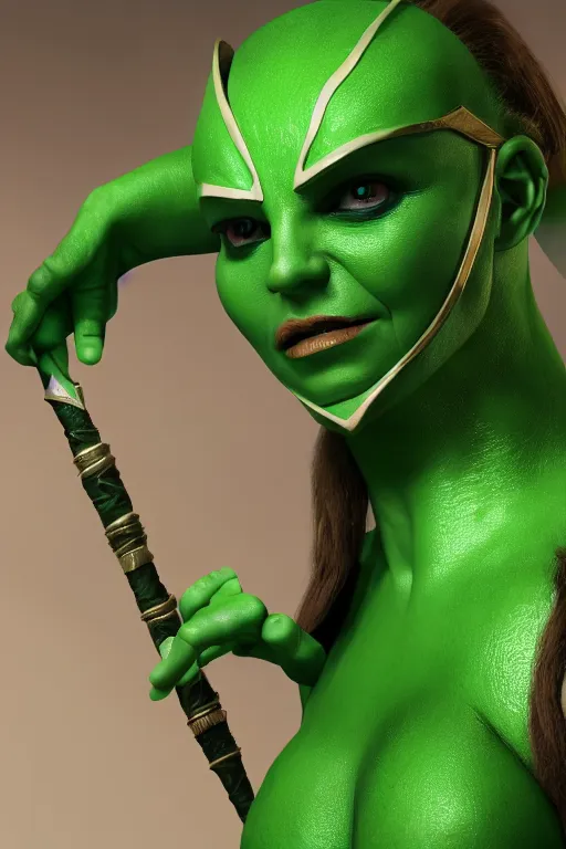 Prompt: a green-skinned female DND verdan, high resolution film still, 8k, HDR colors, cosplay, studio lighting