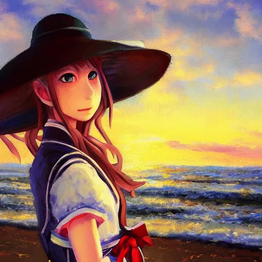 Prompt: Beautiful portrait of Kirisame Marisa from the Touhou project at the beach at sunset, touhou project official artwork, danbooru, oil painting by Antoine Blanchard, sold at an auction, oil on canvas , wide strokes, pastel colors, soft lighting