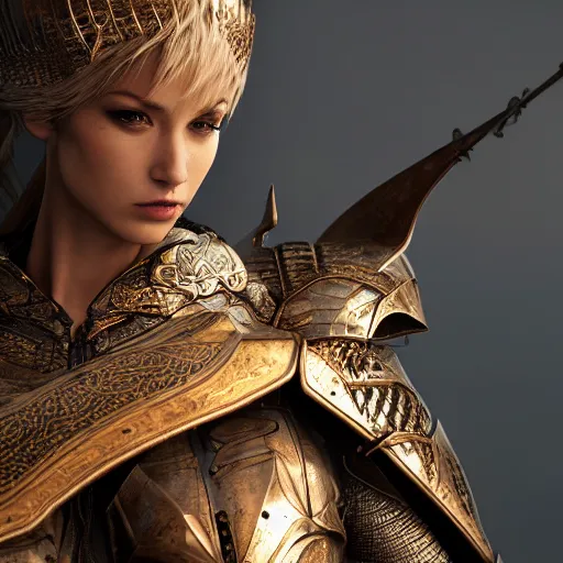 Prompt: highly detailed realistic stunning shot of a beautiful elegant anthropomorphic female dragon knight, resting a detailed and engraved longsword over her armored shoulder, cloak flittering in the wind, high quality, HD octane render, epic cinematography, Artstation, Deviantart, Furaffinity