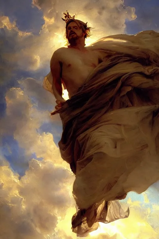 Prompt: beautiful detailed expressive impressionistic oil painting portrait of ancient roman god emperor steve buscemi ascending into the clouds wearing the civic crown, renaissance painting, art by anders zorn, wonderful masterpiece by greg rutkowski, expressive brush strokes, beautiful cinematic light, american romanticism by greg manchess, jessica rossier