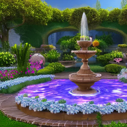 Prompt: A beautiful and serene garden, with a bubbling fountain in the center, and a variety of flowers and plants all around, rendered in unreal engine, 4k resolution, Bloom effect, photorealistic, professional grade, professional photo.