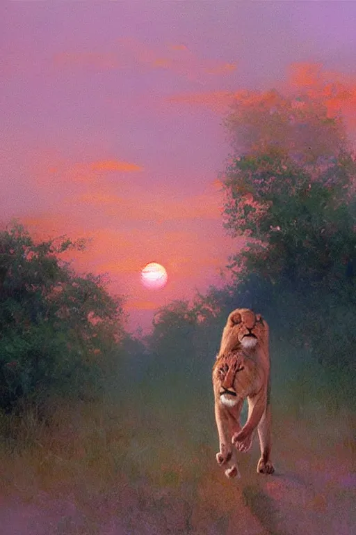 Prompt: spiritual twin flame lioness walking around art, pink sunset hue, highly detailed, oil painting hue, by craig mullins