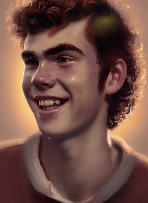 Image similar to portrait of teenage archie andrews, freckles, curly middle part haircut, curly hair, smiling kindly, friendly, 1 9 5 0 s, intricate, elegant, glowing lights, highly detailed, digital painting, artstation, concept art, smooth, sharp focus, illustration, art by wlop, mars ravelo and greg rutkowski