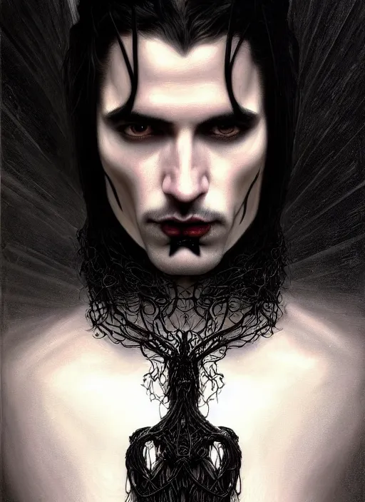 Image similar to highly detailed oil painting | very intricate | cinematic lighting | black, white and blood color scheme, dark background | portrait of a exquisite beautiful vampire man with long elegant tangles of black hair, eyes, gothic fog ambience, hyper realistic head, fantasy victorian art, in the style of greg rutkowski, zdizslaw beksinski, intricate, alphonse mucha