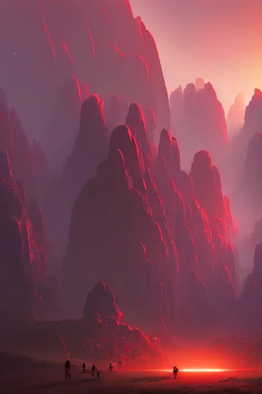 Image similar to futuristic temples glowing red in canyon, monks, light streaks in the sky, floating planets, dramatic lighting, artstation, matte painting, ralph mcquarrie, simon stalenhag