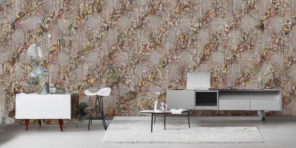 Prompt: trendy art space renderings with gucci wallpaper