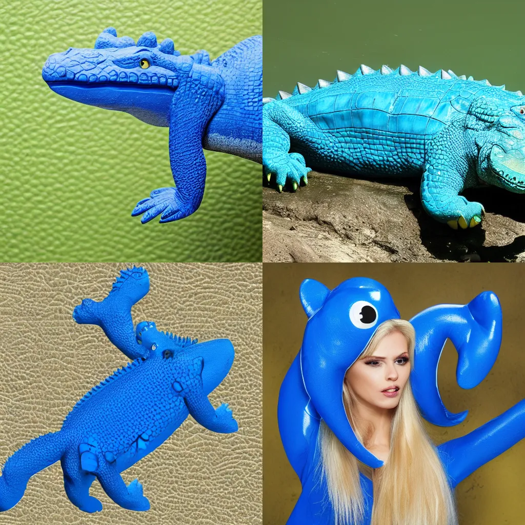 Prompt: blue crocodile with blond hair