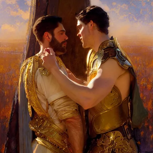 Prompt: attractive fully clothed king confesses his love for his attractive fully clothed male prince. highly detailed painting by gaston bussiere, craig mullins, j. c. leyendecker 8 k