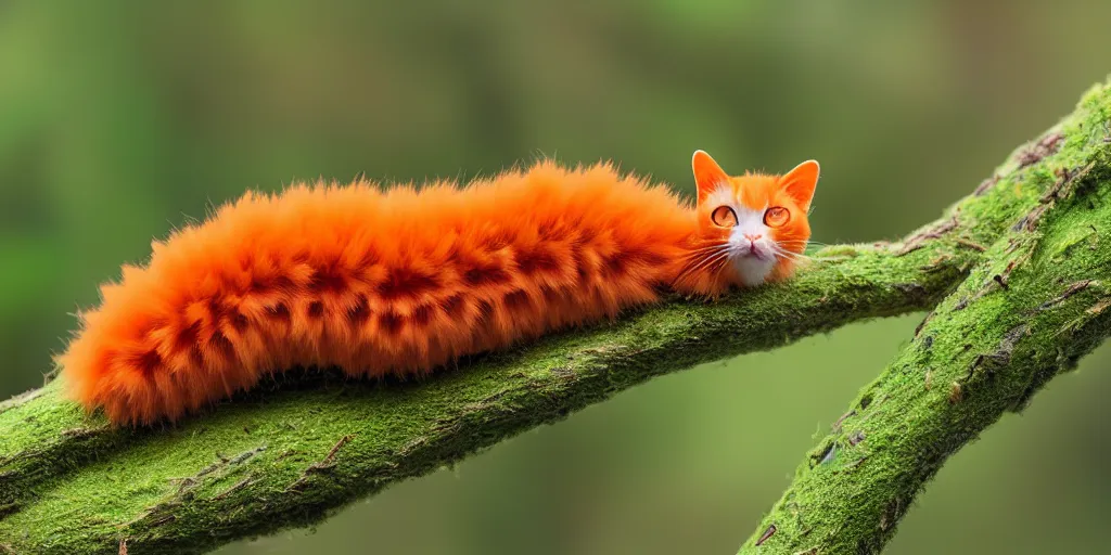 Prompt: orange cat caterpillar on a green branch, big eyes, very large head, long body, side view, kodak photo, muted colors, depth of field