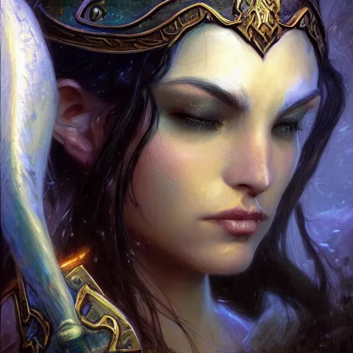Prompt: ! dream night elf warden world of warcraft fantasy character portrait, close up, wide angle, ultra realistic, intricate details, the river girl weeps with sorrow and profound loss, highly detailed, abstract art piece by gaston bussiere, craig mullins, j. c. leyendecker