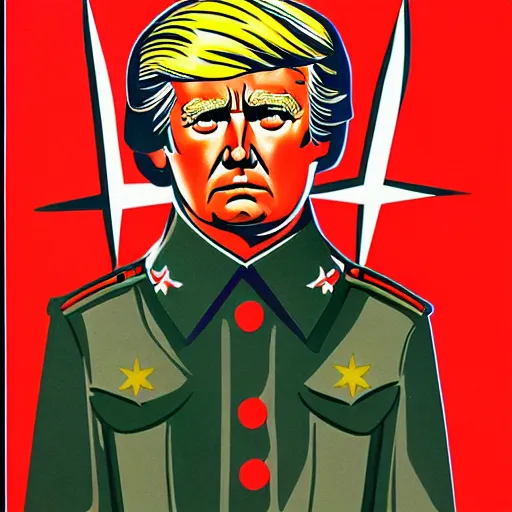 Image similar to ussr propaganda art demonstrating red army soldier looking as donald trump in world war two, pop art, detailed face