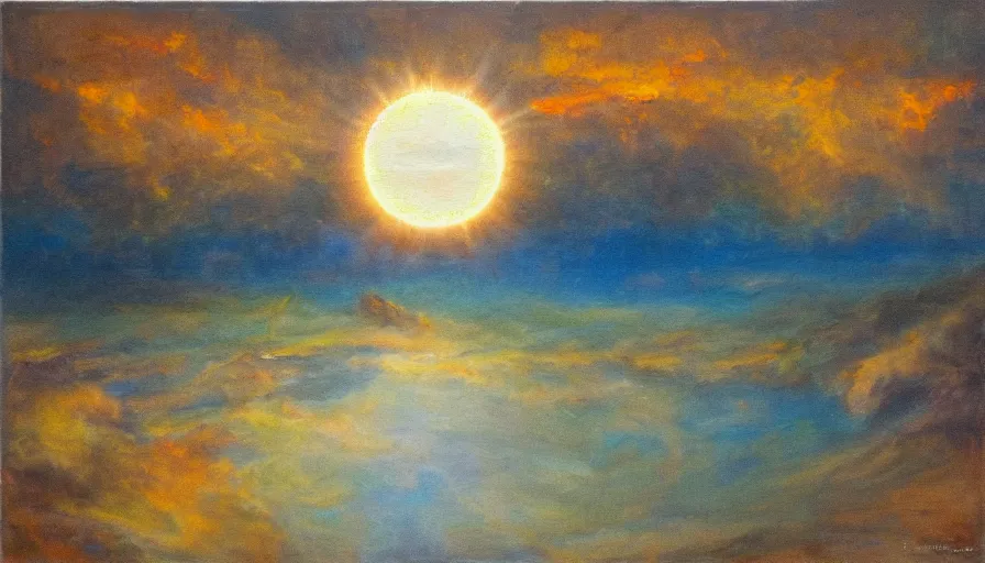 Image similar to the sun being blocked by a hexagon, earth in the foreground, oil painting