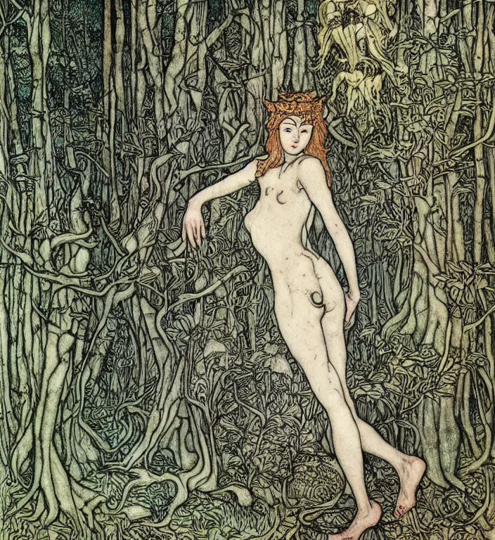 Image similar to person in the forest by Ivan Bilibin, Arthur Rackham, Vania Zouravliov, high quality, ultra detailed