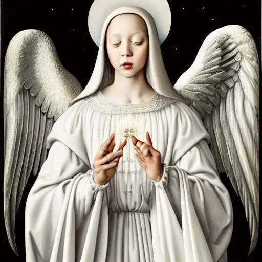 Image similar to highdetailed hyperrealistic painting of white angel!!! no gender smiling noface!!!, light instead of hands, white sparkles everywhere, 4 k hd face!!!, big silver high detailed wings!!!, renaissance, by jan van eyck, holography space, glow effect, large strokes, monochrome!!!!!