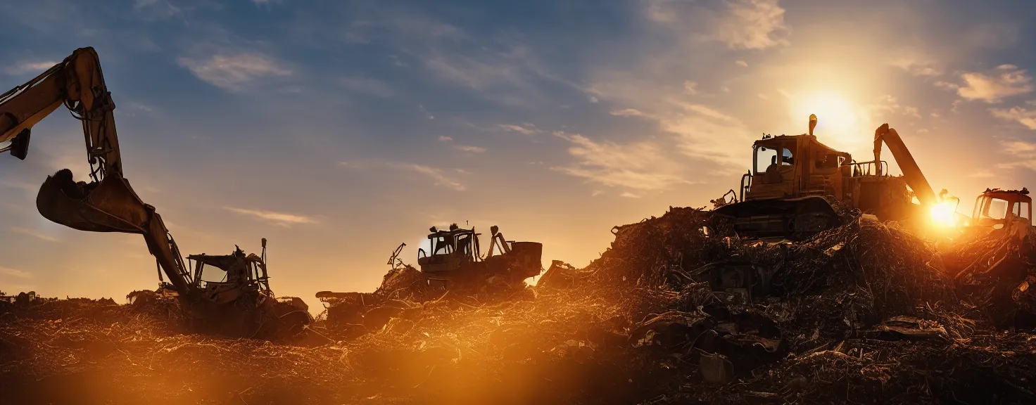 Silhouette of single bulldozer working on junkyard | Stable Diffusion ...