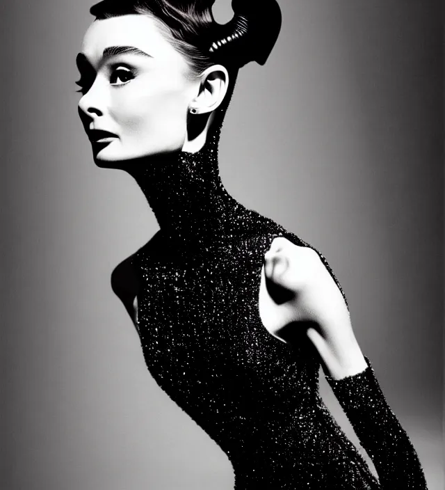 Prompt: photography of seductive actress audrey hepburn wearing an exraordinnary but element dresse by * iris van herpen *. accent lighting,, highly detailed, photography by paolo roversi, nick knight, helmut newton, avedon, araki