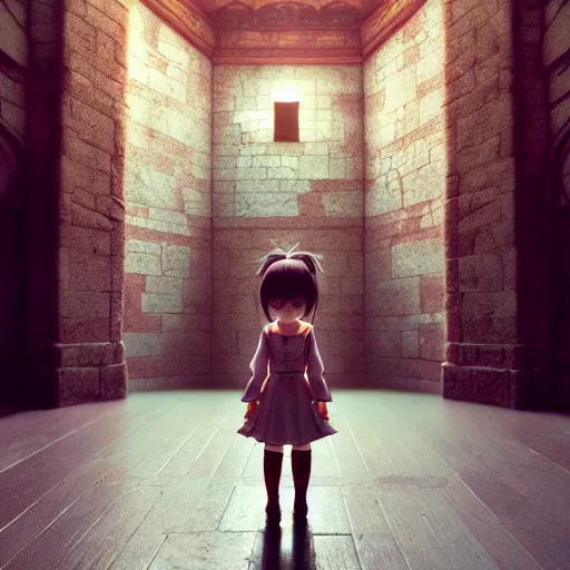 Prompt: very very small little girl by sana takeda, walking in a massive castle hall by ross tran, nvidia rtx reflections, octane render 1 2 8 k resolution, extreme high intricate details, digital anime art by wlop, medium shot, mid - shot, composition by ilya kuvshinov, lighting by greg rutkowski