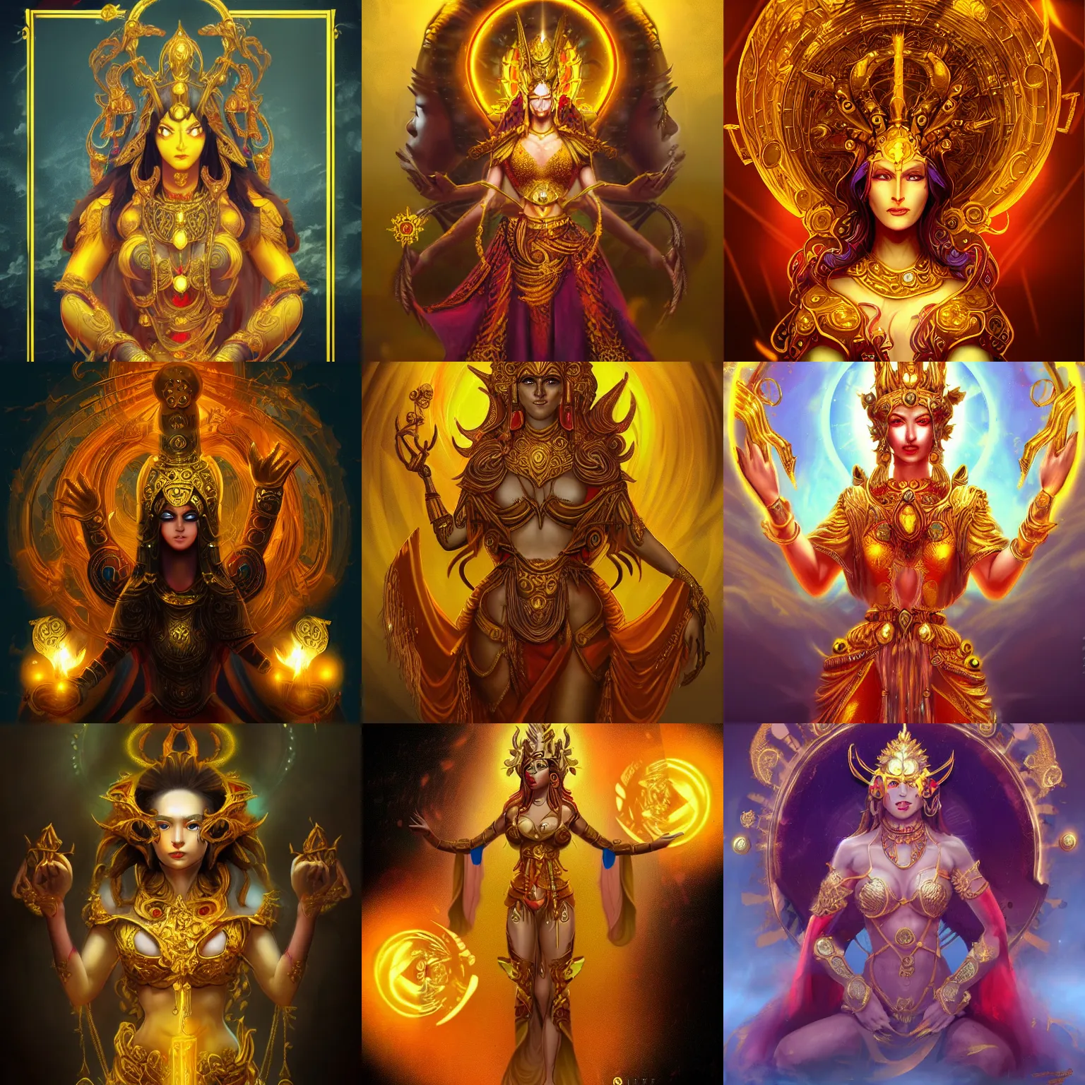 Prompt: a women god with eight hand gold color, concept art, art station, digital yellow red sun