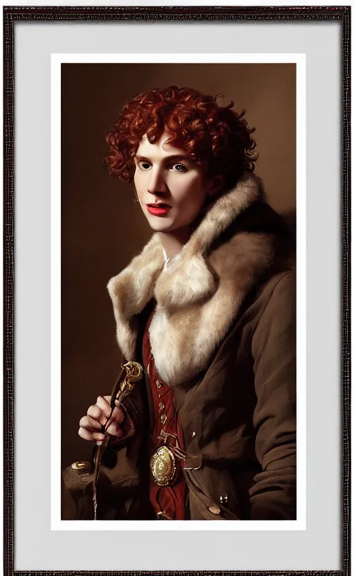Image similar to handsome young man with reddish curly hair, in rich Russian furcoat, with pearl earring, Russian Empire, cinematic lighting, highly detailed, digital art, Renaissance painting, framed, by Leyendecker, by Rutkowsky,