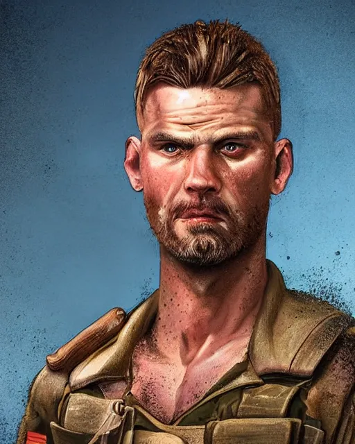 Image similar to portrait of muscular, tired and alcoholic 3 0 - year - old handsome man with short darkblonde hair, serious sad look in his eyes, dirty beard, blue eyes, wearing dirty soldier uniform, on the desert, hyper realistic face, beautiful eyes, character art, art by mark brooks, hyperdetailed, cryengine, trending on artstation, digital art