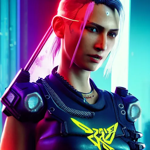 Image similar to female V from Cyberpunk 2077 wearing spiked choker, collar, 4K