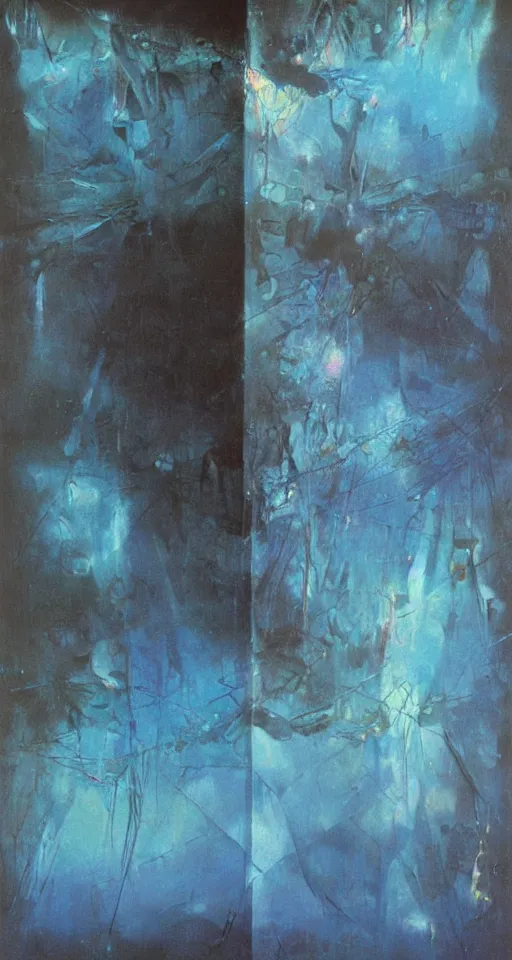 Image similar to a gigantic glowing crystal, high detailed beksinski painting, part by adrian ghenie and gerhard richter. masterpiece, deep colours, blue