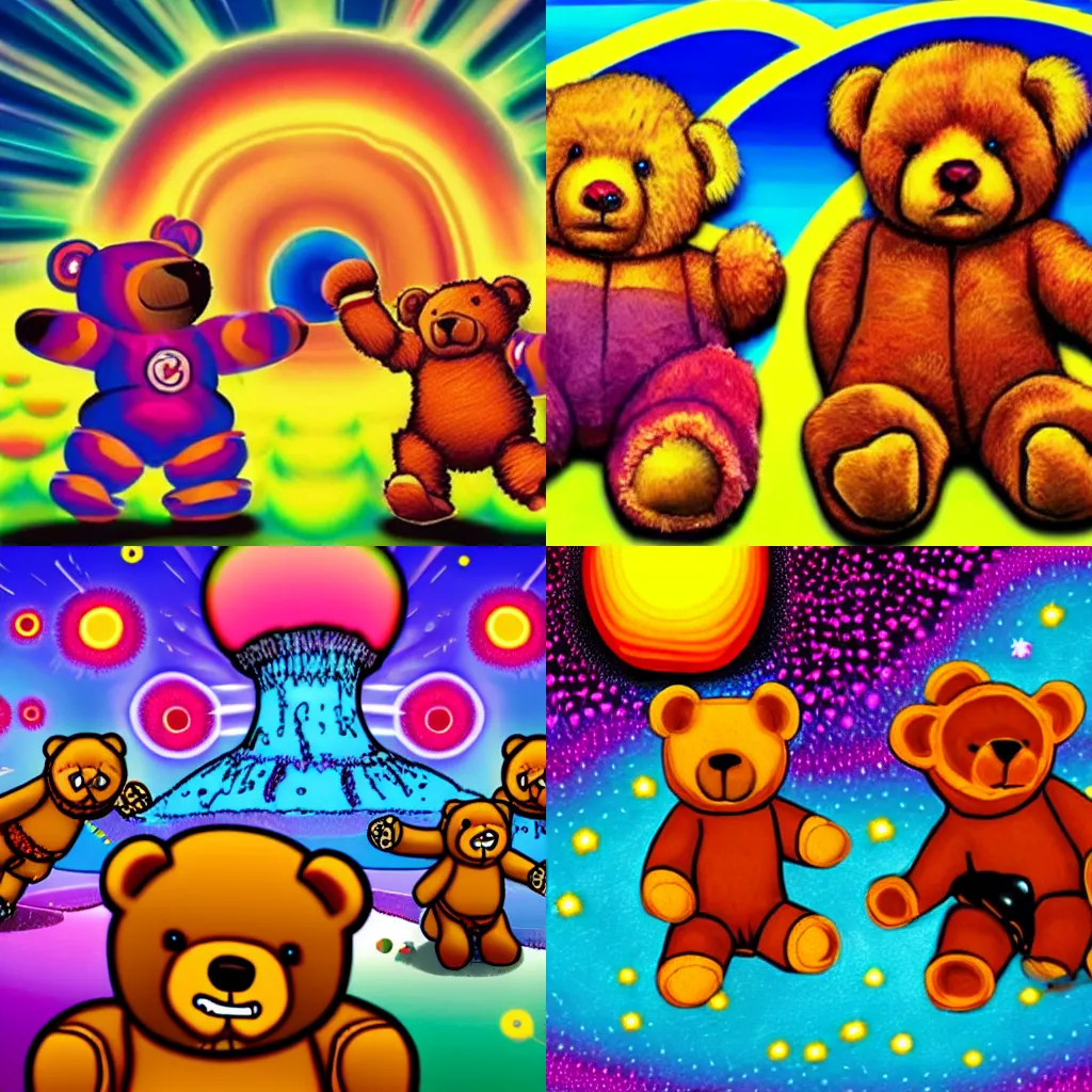 Image similar to a lot of teddy bears fights in epic battle, background a nuclear toxic multi - colored explosion in big town, psychedelic