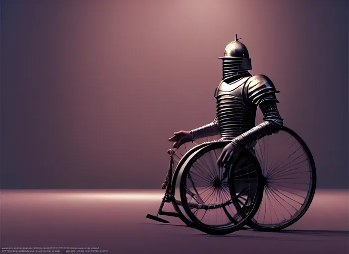 Image similar to knight in armor in a wheelchair do tricks, minsk, highly detailed, soft lighting, elegant, works by edward hopper and james gillard, zdislaw beksinski, stephen outram, andreas m wiese, highly detailed, masterpiece. rendered in blender, smooth shadows, ultra detail, high resolution, unreal 6, 8 k